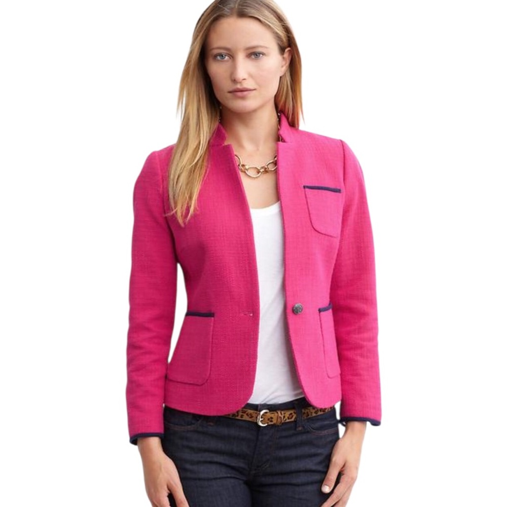 Banana Republic Barbiecore Cotton Fuchsia Blazer with Navy Piping